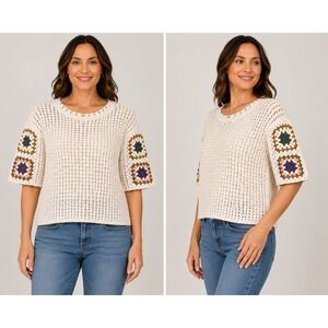 Universal Thread Womens XL Cream Crochet Granny‎ Square Sleeve Knit Sweater Top